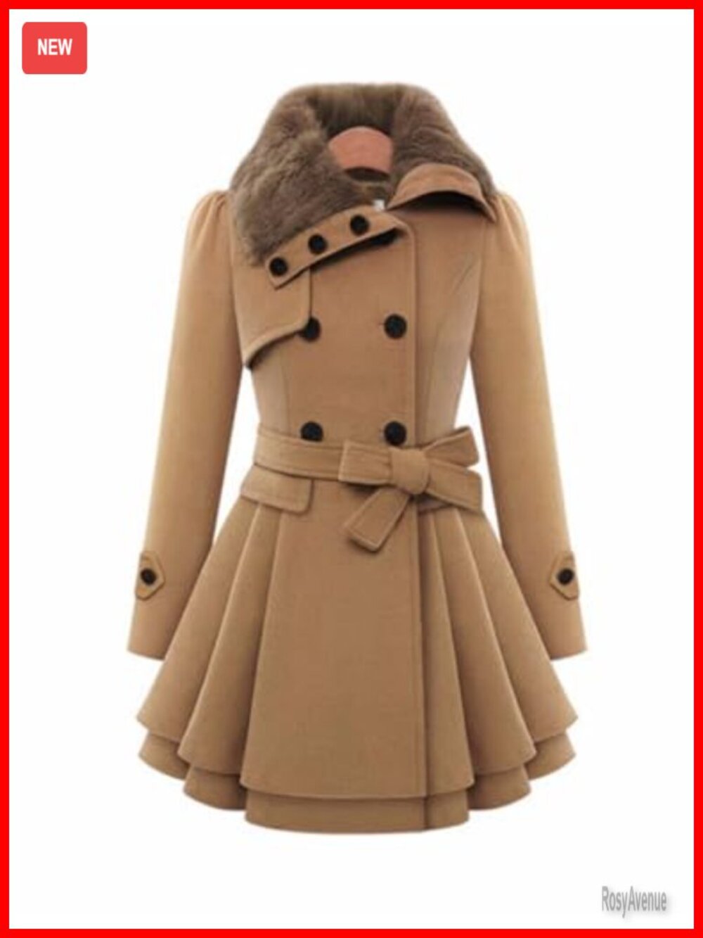 Womens Faux Fur Collar Double Breasted Belted Winter Trench Pea Coat